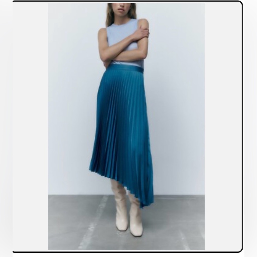 Zara Asymmetric Pleated Teal Blue Skirt